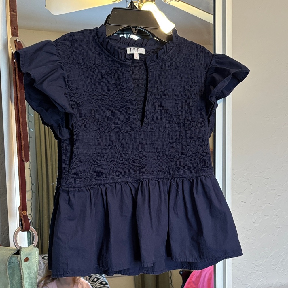 TCEC Navy Ruffle Sleeve Blouse